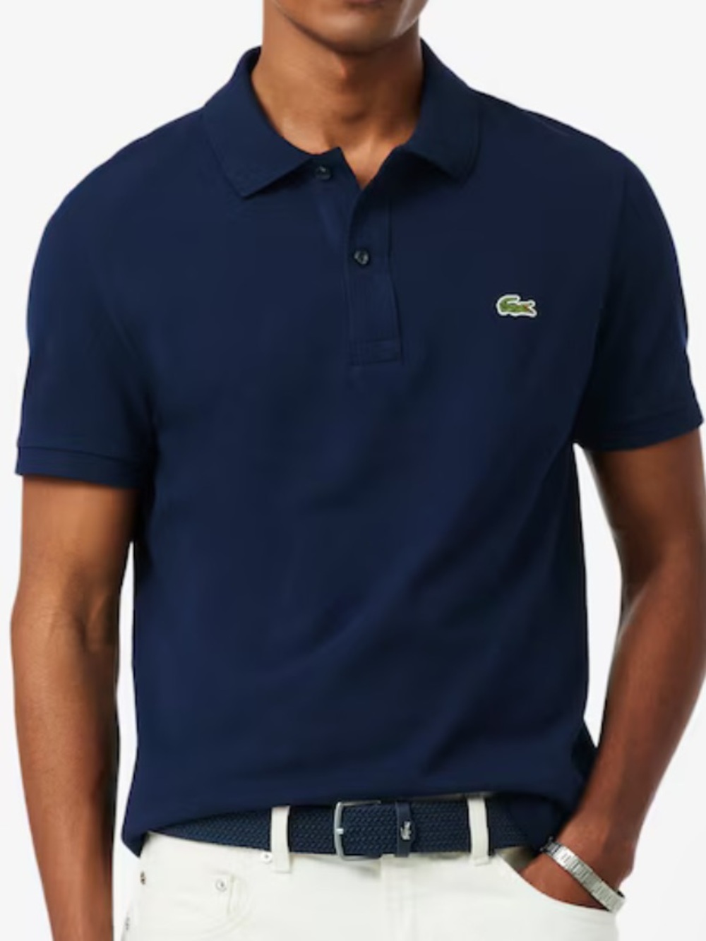 Lacoste Men's Dark Navy Piqué Slim Fit Polo with Green Crocodile Logo
